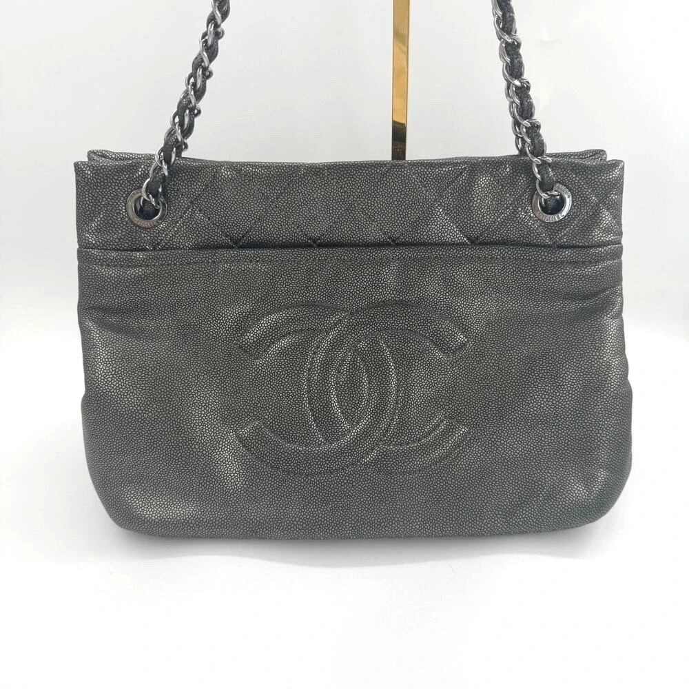 Chanel Metallic Silver Gray Grey Quilted Caviar Timeless Tote SHW Series 14